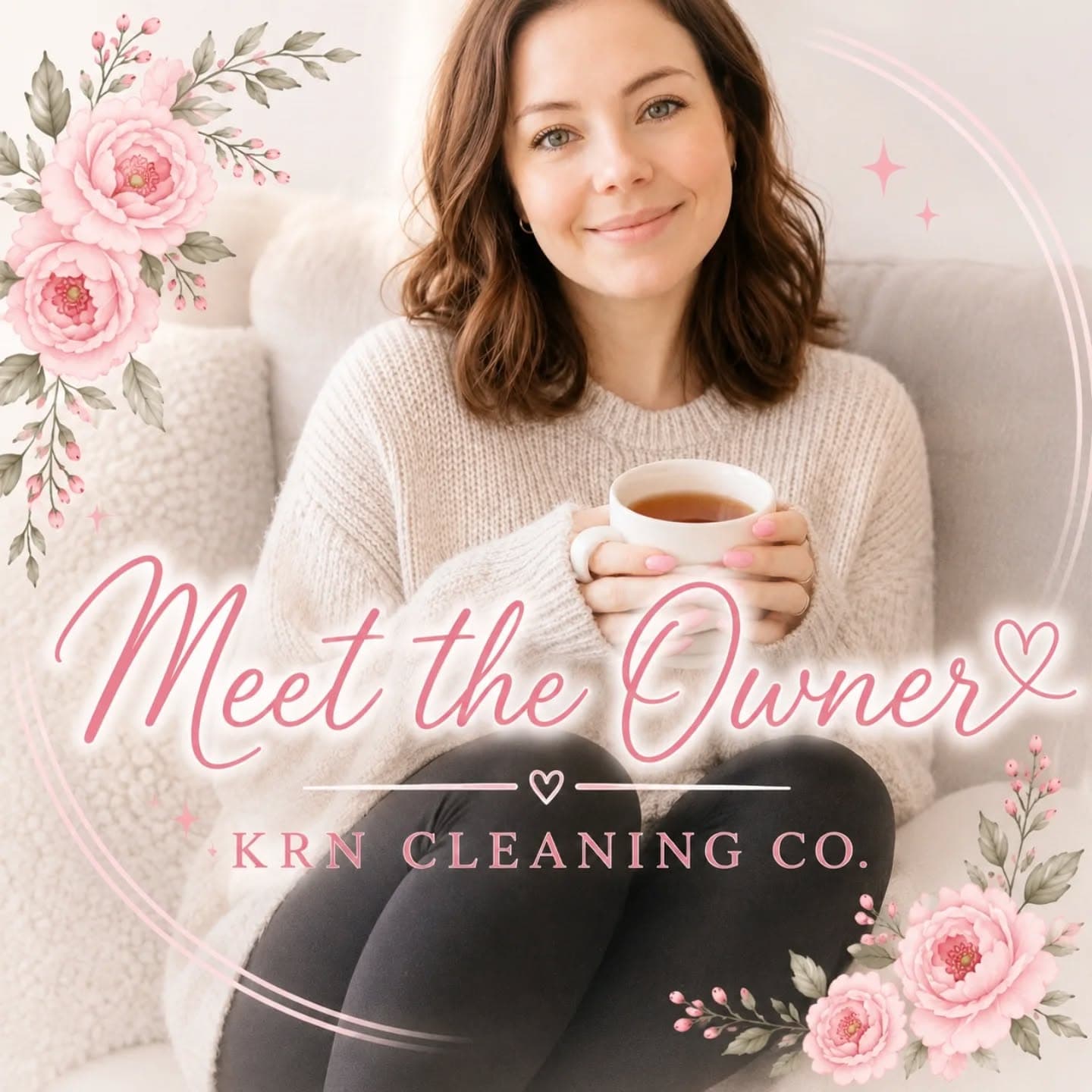 Kate B, owner of KRN Cleaning Co., holding a mug of tea