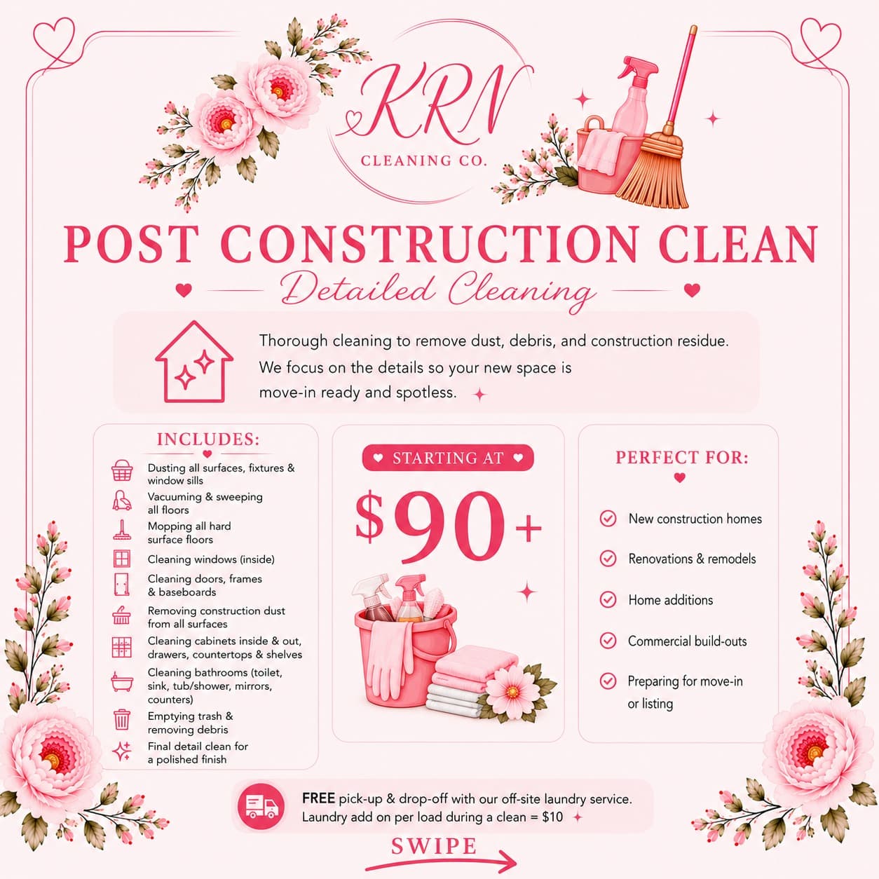 Post-Construction infographic with floral accents
